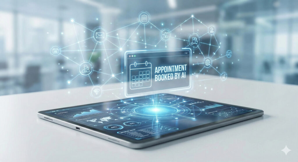 A digital interface dashboard showing an AI Receptionist successfully managing bookings and calls automatically.