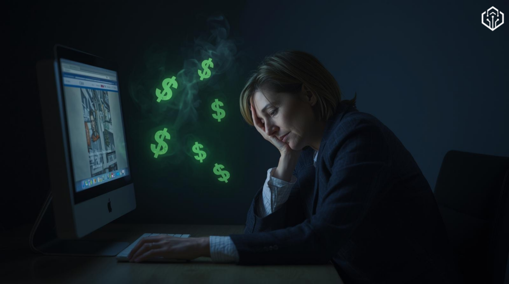 A frustrated business owner looking at an outdated website on a computer screen with digital money symbols floating away and disappearing, symbolizing lost sales.