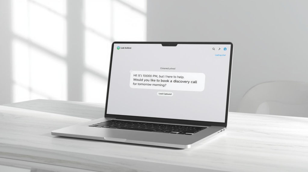 A modern laptop displaying an active 24/7 AI chatbot interface successfully capturing a lead late at night, illustrating website automation.
